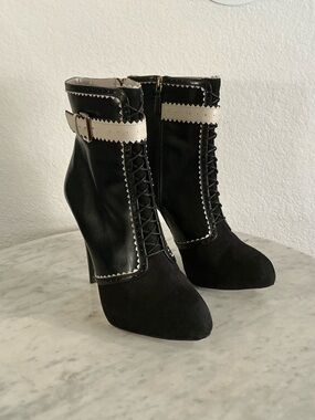 JASON WU “ALEXIS” Black and White Lace-Up Ankle Boots with Buckle